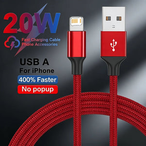 Câble USB en tissu à charge rapide 20W, pour iPhone X XR XS Max 7 8 14 Plus 11 12 13 mini 14 Pro Max, câble tressé à charge rapide USB-A