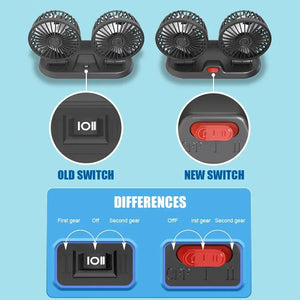 Ventilateur de refroidissement électrique pour voiture 5V 12V 360° ° Ventilateur d'air multifonctionnel à double tête réglable USB 2 vitesses pour voiture, maison et camping