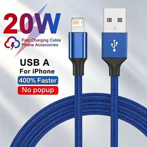 Câble USB en tissu à charge rapide 20W, pour iPhone X XR XS Max 7 8 14 Plus 11 12 13 mini 14 Pro Max, câble tressé à charge rapide USB-A
