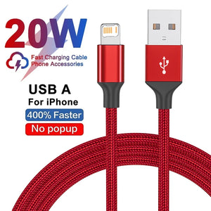 Câble USB en tissu à charge rapide 20W, pour iPhone X XR XS Max 7 8 14 Plus 11 12 13 mini 14 Pro Max, câble tressé à charge rapide USB-A