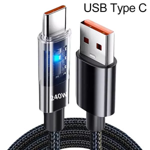 Câble de charge rapide USB C PD en nylon 240W avec affichage LED, USB vers Type C, 0,25/1/1,5/2M, nouveau