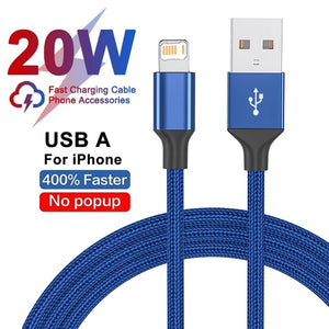 Câble USB en tissu à charge rapide 20W, pour iPhone X XR XS Max 7 8 14 Plus 11 12 13 mini 14 Pro Max, câble tressé à charge rapide USB-A