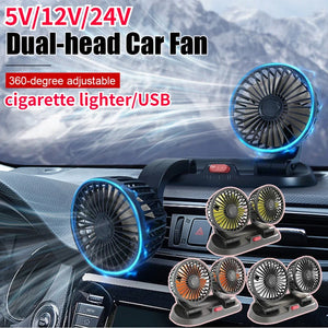 Ventilateur de refroidissement électrique pour voiture 5V 12V 360° °   Ventilateur d'air multifonctionnel à double tête réglable USB 2 vitesses pour voiture, maison et camping