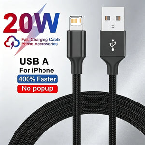Câble USB en tissu à charge rapide 20W, pour iPhone X XR XS Max 7 8 14 Plus 11 12 13 mini 14 Pro Max, câble tressé à charge rapide USB-A
