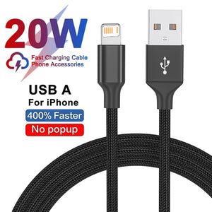 Câble USB en tissu à charge rapide 20W, pour iPhone X XR XS Max 7 8 14 Plus 11 12 13 mini 14 Pro Max, câble tressé à charge rapide USB-A